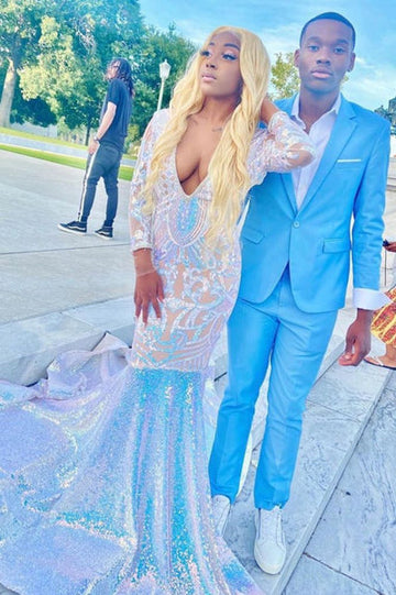 GLITTER LONG SLEEVES MERMAID EVENING GOWNS CHARMING PROM PARTY GOWNS SWEEP TRAIN HZ1023